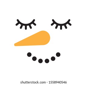 Vector flat cartoon snowman face with closed eyes isolated on white background