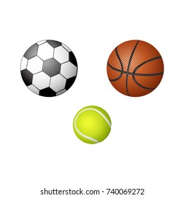 vector flat cartoon sport equipment set. basketball, football or soccer, tennis ball objects for your graphic or web design. Isolated illustration on a white background
