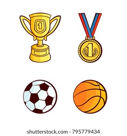 vector flat cartoon sport equipment set. Basketball, football or soccer ball , golden winner cup and first place medal trophy award objects . Isolated illustration on a white background