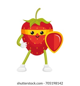 vector flat cartoon strawberry character in yellow mask standing with red shield. Isolated illustration on a white background. Funny humanized fruit and vegetable super hero protecting people's health