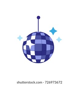 vector flat cartoon style blue shiny glossy disco ball sparcling with stars. Isolated illustration on a white background. Party attribute, retro symbol.