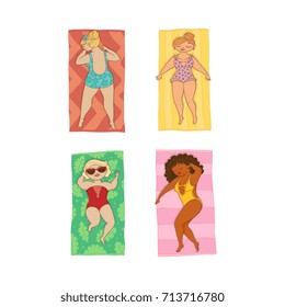 vector flat cartoon style caucasian, black plump women in colored swimsuit lying on beach mat set. Female cute character sunbathing at summer. Isolated illustration on a white background.