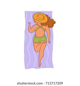 vector flat cartoon style caucasian plump woman in green swimsuit lying on puple beach mat in sun hat. Female cute character sunbathing at summer .Isolated illustration on a white background.
