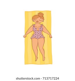 vector flat cartoon style caucasian plump woman in dotted swimsuit lying on yellow beach mat. Female cute character sunbathing at summer. Isolated illustration on a white background.
