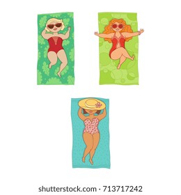 vector flat cartoon style caucasian plump women in colored swimsuit lying on beach mat set. Female cute character sunbathing at summer. Isolated illustration on a white background.