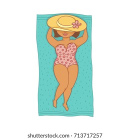 vector flat cartoon style caucasian plump woman in dotted swimsuit lying on blue green beach mat in sun hat. Female cute character sunbathing at summer. Isolated illustration on a white background.