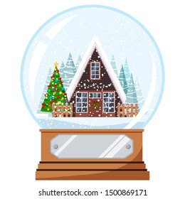 Vector flat cartoon style Christmas and New Year design crystal snow globe toy with decorated house and xmas tree near home inside on a wooden base with a metal plate isolated on white background. 