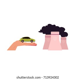 vector flat cartoon style cooling towers of nuclear plant, factory with black smoke, green electric car in opened palm of hand set. Isolated illustration on a white background.