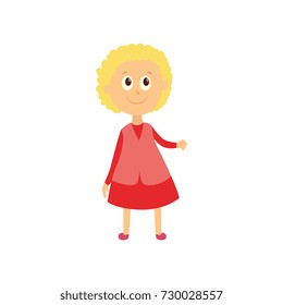 vector flat cartoon style female character - cute cheerful blonde haired girl pupil, schoolkid standing smiling in pink dress. Isolated illustration on a white background.