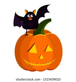 Vector flat cartoon style halloween design element - orange pumpkin jack lantern with light inside and cute black bat character on it isolated on white background. 