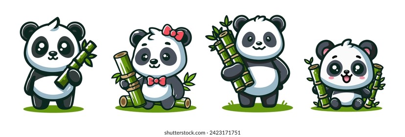 Vector Flat Cartoon Style  Icon Illustration.Cute Baby Panda Collection With Bamboo Sticks.