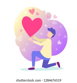 Vector flat cartoon style illustration of a man. Young man makes on knee keep all his love like a big heart, declaration of love. Minimalism design with exaggerated objects. Characters in side view