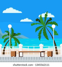 Vector flat cartoon style illustration of blue sea with quay, mountains, clouds, palms, bench, treshcan, street lantern, paving slabs, sand - beach summer background. Beautiful seacoast backdrop. 