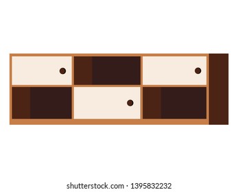 Vector flat cartoon style illustration of wooden rack shelf with doors furniture icon isolated on white background. Hallway or living room home intetior design element -  cupboard, cabinet, closet. 