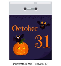 Vector flat cartoon style illustration of 31 october day tear-off paper wall calendar with halloween characters two cute bats and jack lantern pumpkin icon isolated on white background.  