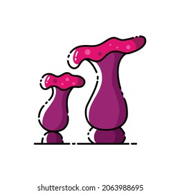 Ilustración del estilo de dibujos animados planos vectoriales con dos hongos místicos místicos morados sobre fondo blanco aislado.