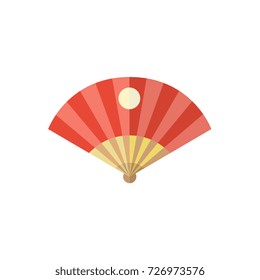 vector flat cartoon style japan symbols concept. Elegant red oriental folding fan with japanese sun sign icon. Isolated illustration on a white background.
