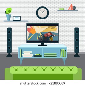 Vector flat cartoon style living room interior with tv set, acoustic system and sofa. 