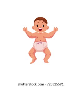 vector flat cartoon style newborn cute infant baby boy toddler in diaper or nappy smiling lying on his back. Isolated illustration on a white background.