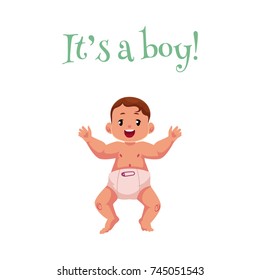 Vector Flat Cartoon Style Newborn Cute Infant Baby Boy Toddler In Diaper Or Nappy Smiling Lying On His Back, It's A Boy Inscription. Isolated Illustration On A White Background.