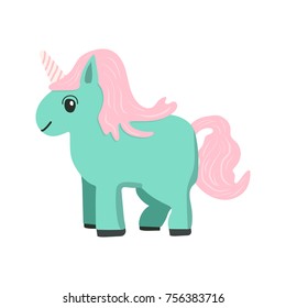 Vector flat cartoon style unicorn in turquoise and pink colors. Magical animal. Isolated on white background