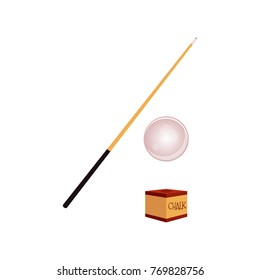 vector flat cartoon style wooden cue with black handle, cue ball and chalk block. Isolated illustration on a white background. Professional snooker, pool billiard equipment, instrument for your design