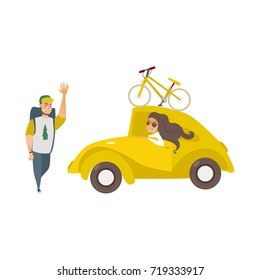 vector flat cartoon style yellow car with bicycle at its roof beautiful girl driving, man hiker waving hand set. Travelling, road trip concept. Isolated illustration on a white background.
