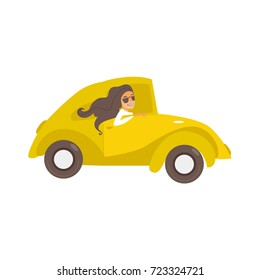 vector flat cartoon style yellow car , beautiful girl in sunglasses driving. Travelling by motor vehicle, road trip concept. Isolated illustration on a white background.
