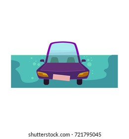 vector flat cartoon stylized drowing car. Purple colored funny toy-like vehicle, Automobile natural accident insurance concept. Isolated illustration on a white background.