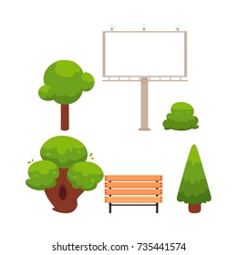 Vector Flat Cartoon Stylized Urban Cityscape Objects Set - Well-groomed Park Trees With Rich Foliage, Wooden Bench And Empty Illuminated Outdoor Billboard . Isolated Illustration On A White Background