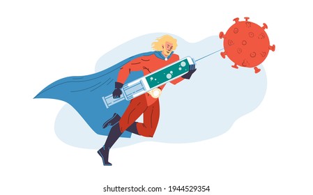 Vector flat cartoon superhero character fights coronavirus with vaccine - covid prevention,protection vs pandemic viral infection medical social concept