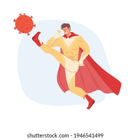 Vector flat cartoon superhero character fights coronavirus,protecting people 
