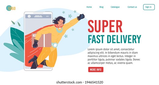 Vector flat cartoon superhero character comes to rescue from mobile app screen