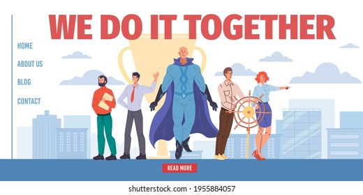 Vector flat cartoon superhero character leads team of successful business employees