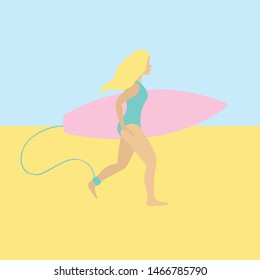 Vector flat cartoon surfer girl running with board on the beach background