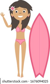 Vector flat cartoon surfer girl woman with pink surf board isolated on white background