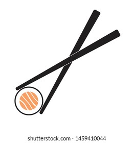 Vector flat cartoon sushi sticks holding salmon roll isolated on white background