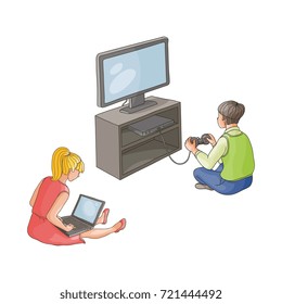 vector flat cartoon teen boy playing video console game by joystick sitting near tv panel stand, girl using laptop Isolated illustration on a white background. modern digital visual technology concept