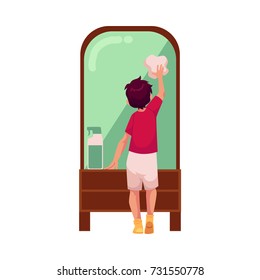 vector flat cartoon teen boy kid doing household chores - cleaning big mirror by rag. Isolated illustration on a white background. Child at home concept.