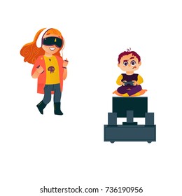 vector flat cartoon teen boy playing video console game by joystick sitting near tv panel stand, kid girl using vitrual reality glasses. Isolated illustration on a white background.