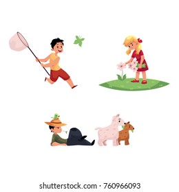 vector flat cartoon teen boy, girl children at meadow scene - one kid collecting field flowers, another catching butterflies. Boy grazing goats. Isolated illustration on a white background.