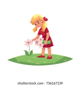 vector flat cartoon teen children - girl collecting field flowers - chamomile, cornflowers at summer. Kids at farm concept. Isolated illustration on a white background.