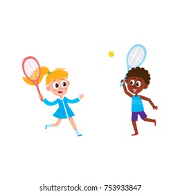 vector flat cartoon teen children at summer camp concept. Caucasian girl in blue dress and african boy playing badminton, shuttlecock holding rackets. Isolated illustration on a white background.