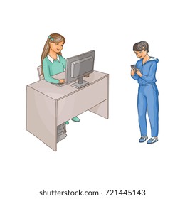 vector flat cartoon teen girl sits at chair behind desktop using pc, looking at monitor typing at keyboard, boy stands with smartphone. Isolated illustration on a white background.