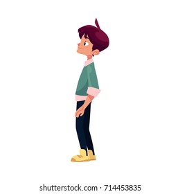 vector flat cartoon teenage boy, male character stands looking at something thoughtfully . Flat isolated illustration on a white background. Back to school concept