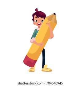 vector flat cartoon teenage man, schoolboy character keeps big pencil in hand smiling. Flat isolated illustration on a white background. Back to school concept