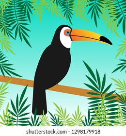 Vector flat cartoon toucan bird sitting on branch with palm leaves isolated on blue background illustration 