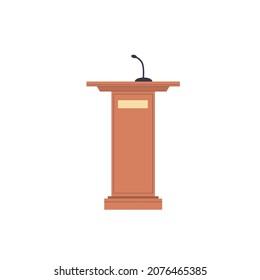 Vector flat cartoon tribune podium with microphone isolated on empty background-lecture hall interior elements and equipment,workplace organization concept,web site banner ad design