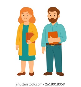 Vector flat cartoon of two teachers standing with books. Man and woman in school clothes.
