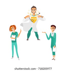 vector flat cartoon two women doctor in green medical clothing with sthetoscope holding clipboard with blank paper, super handsome male specialist set. Isolated illustration on a white background.